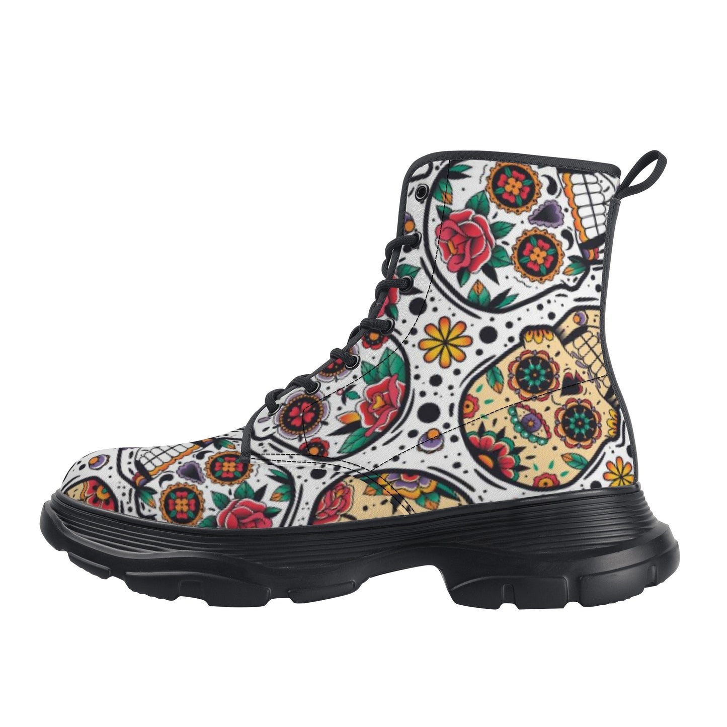 Sugar skull Dia de los muertos Women's Leather Chunky Boots