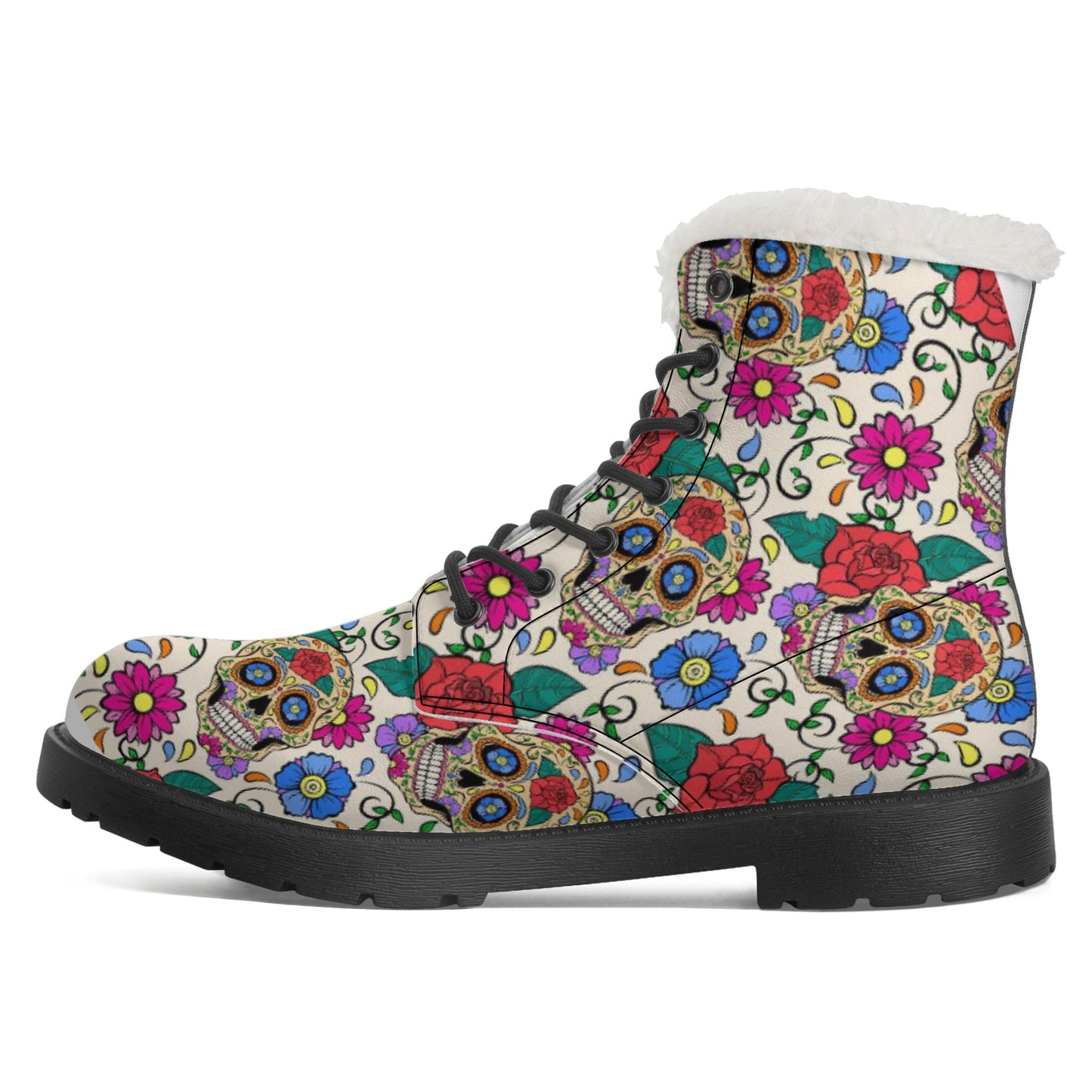 Floral gothic sugar skull Women's Faux Fur Leather Boots