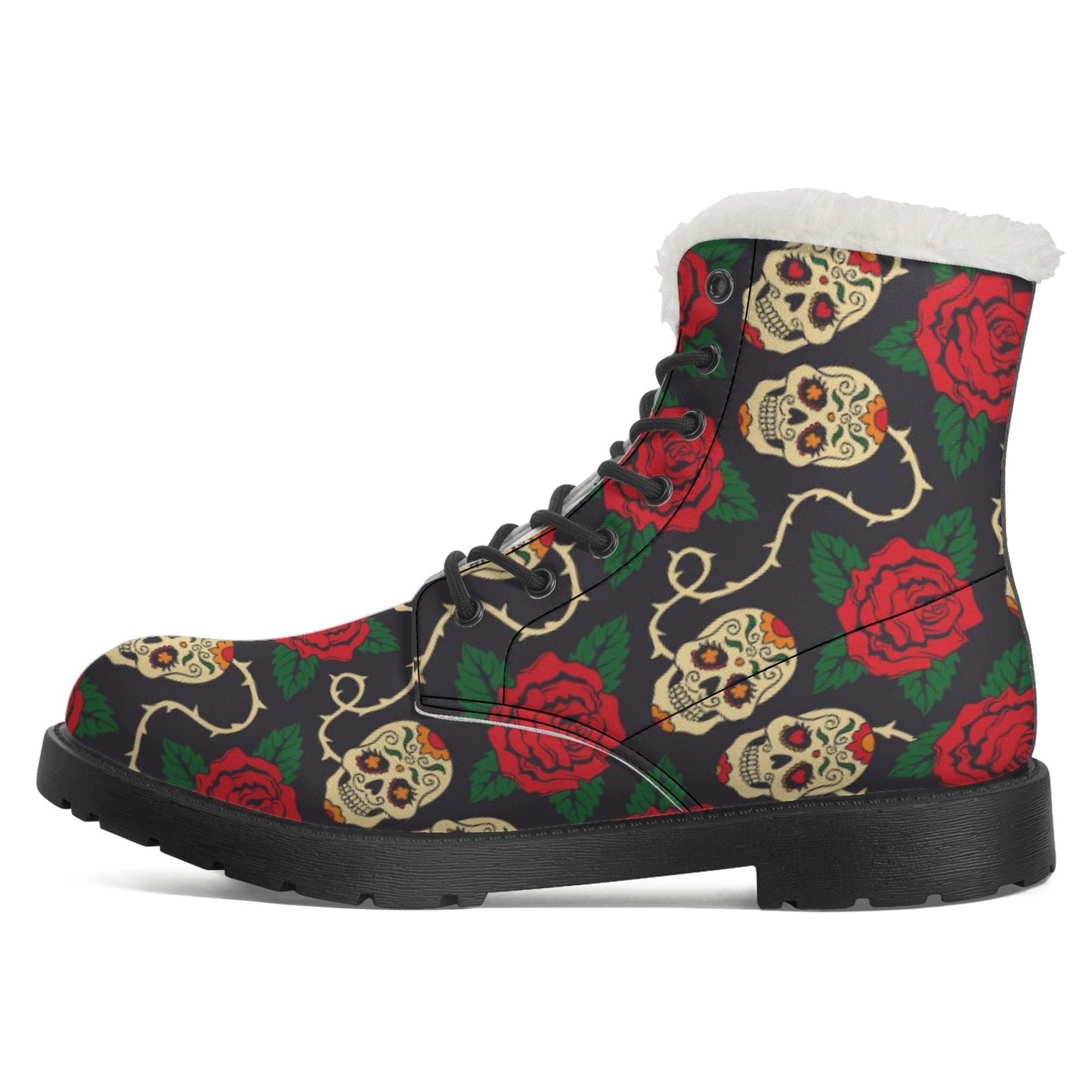 Floral rose skull Women's Faux Fur Leather Boots