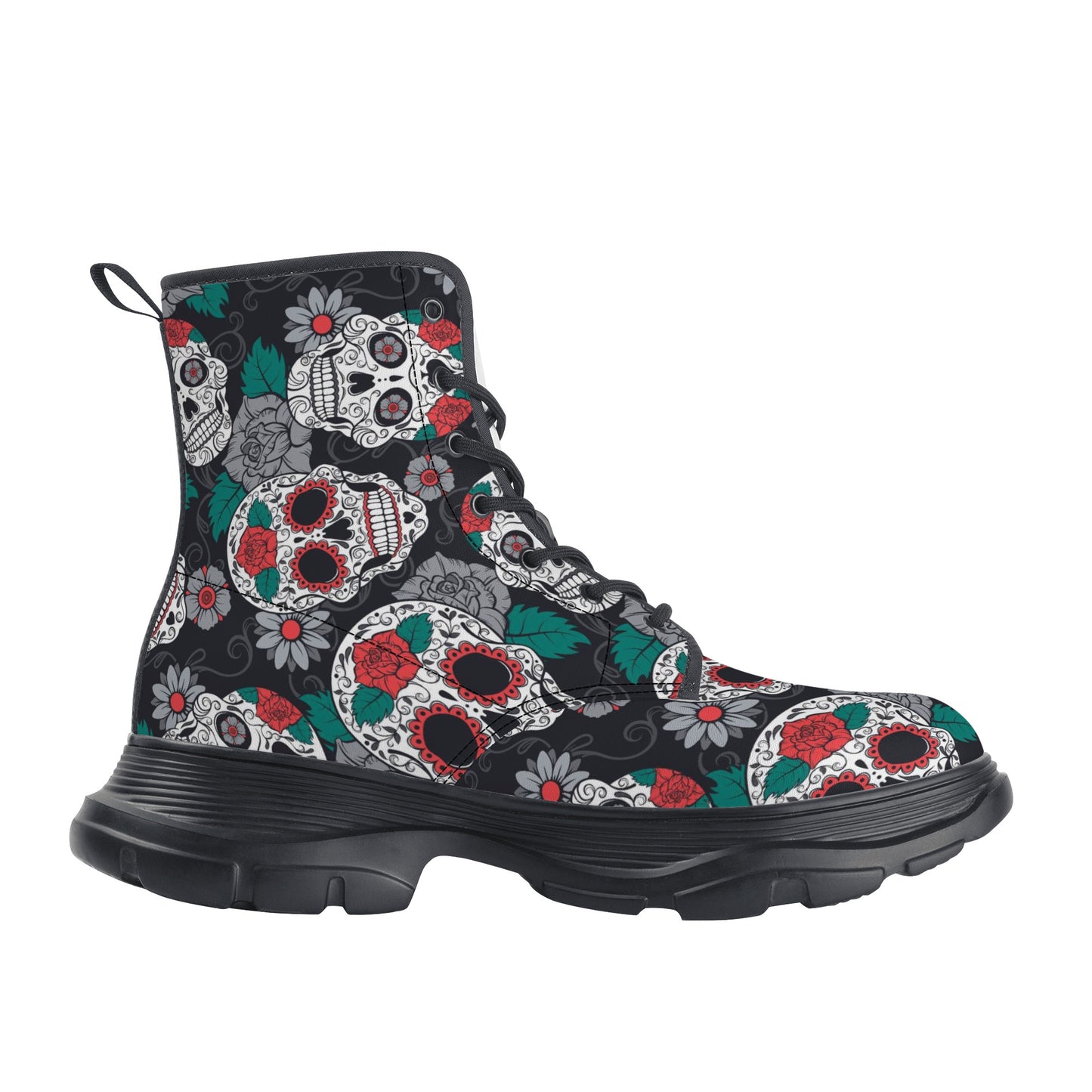 Floral Mexican calaveras skull Women's Leather Chunky Boots