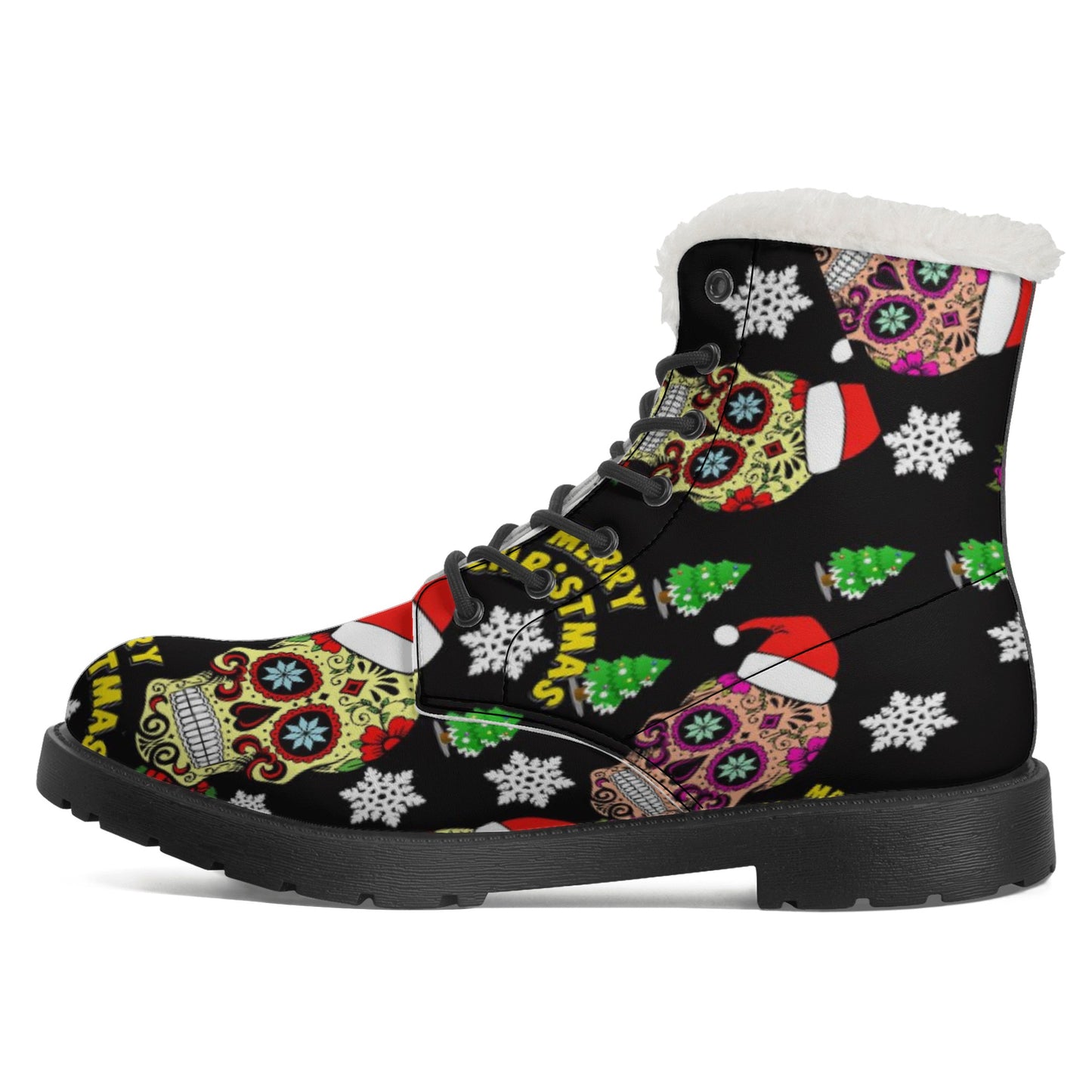 Merry christmas sugar skull Women's Faux Fur Leather Boots