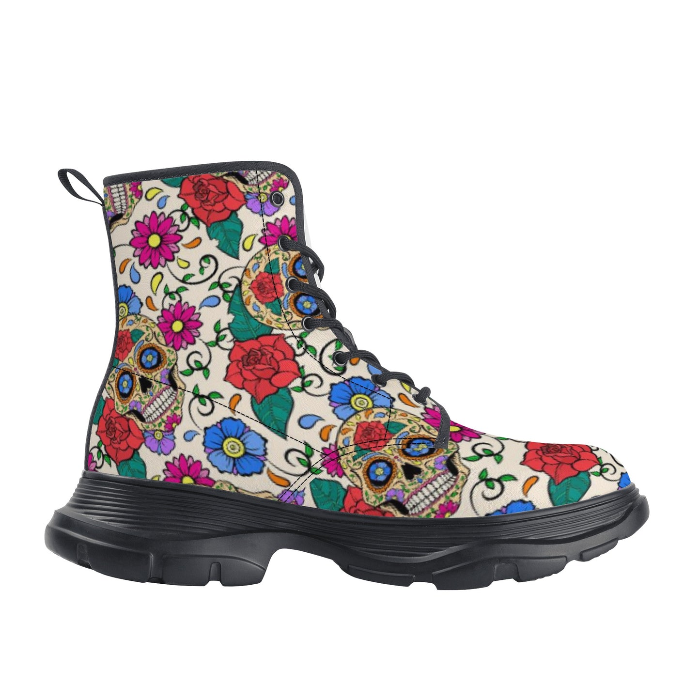 Floral sugar skull Women's Leather Chunky Boots