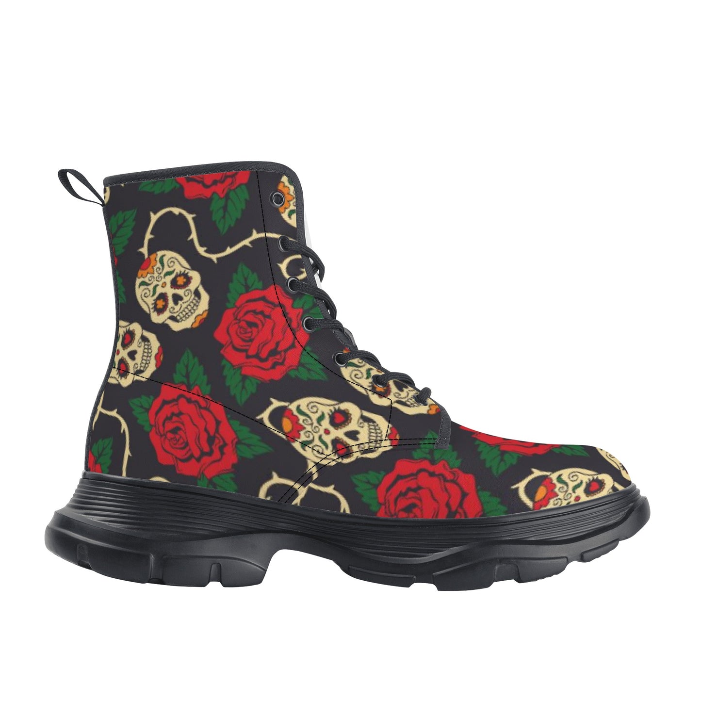 Floral rose skull Women's Leather Chunky Boots