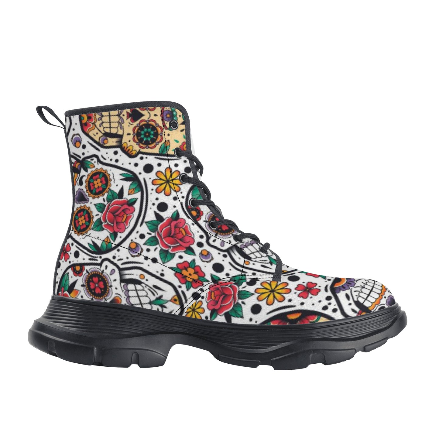 Sugar skull Dia de los muertos Women's Leather Chunky Boots