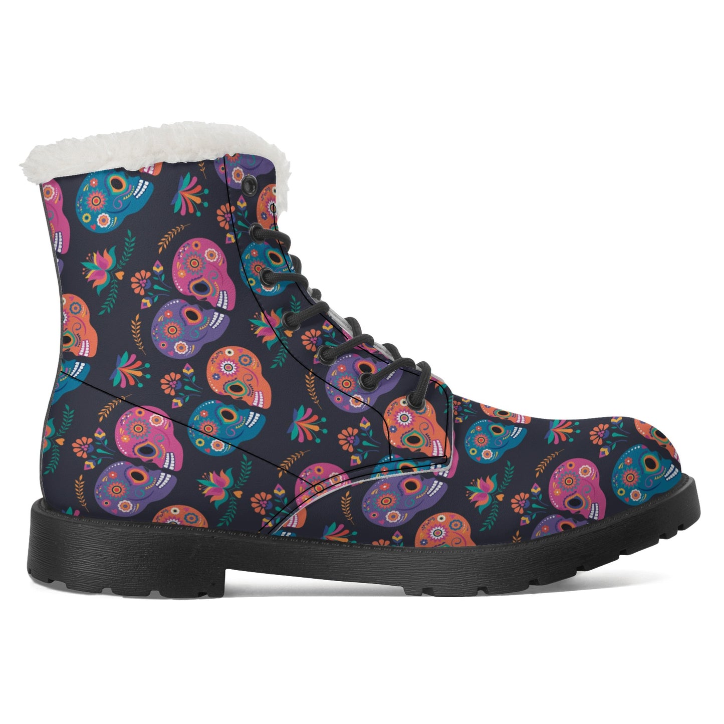 Beautiful sugar skull Women's Faux Fur Leather Boots