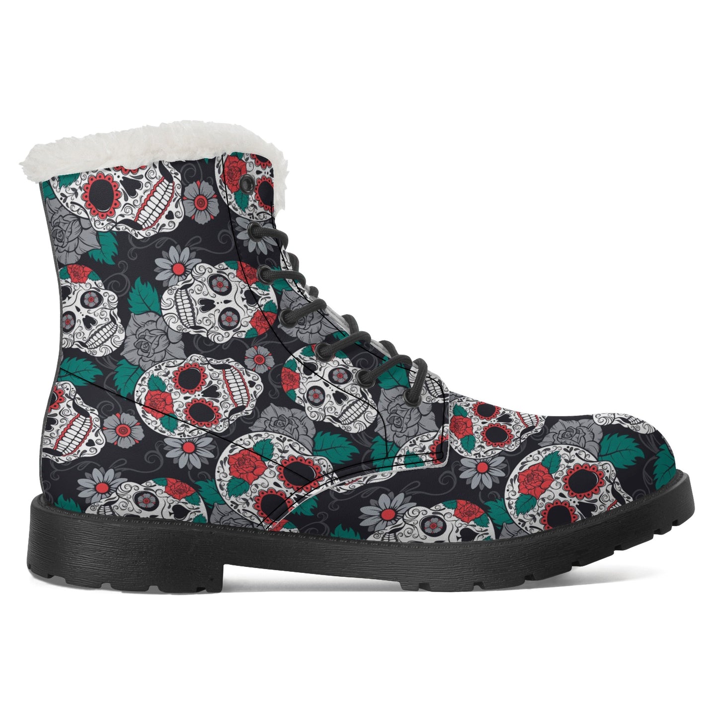 Day of the dead floral sugar skull Women's Faux Fur Leather Boots