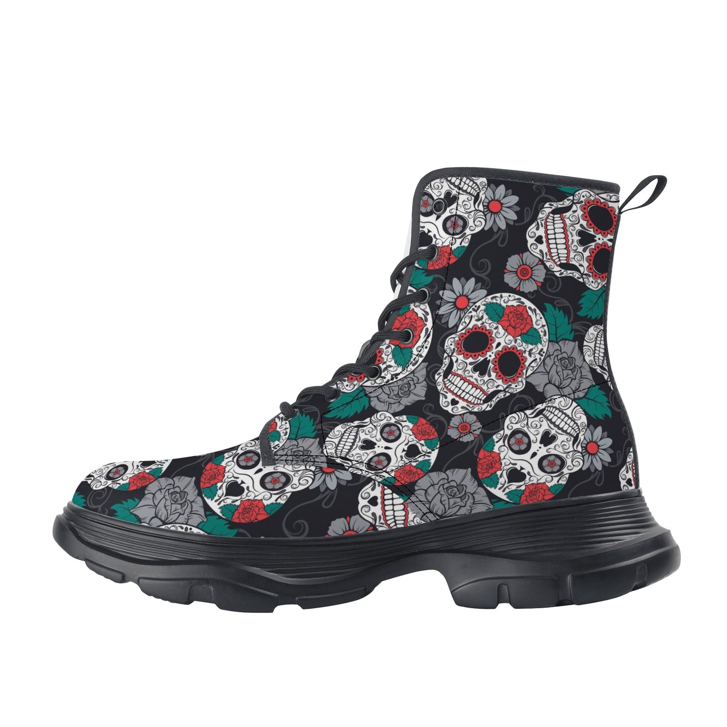 Floral Mexican calaveras skull Women's Leather Chunky Boots