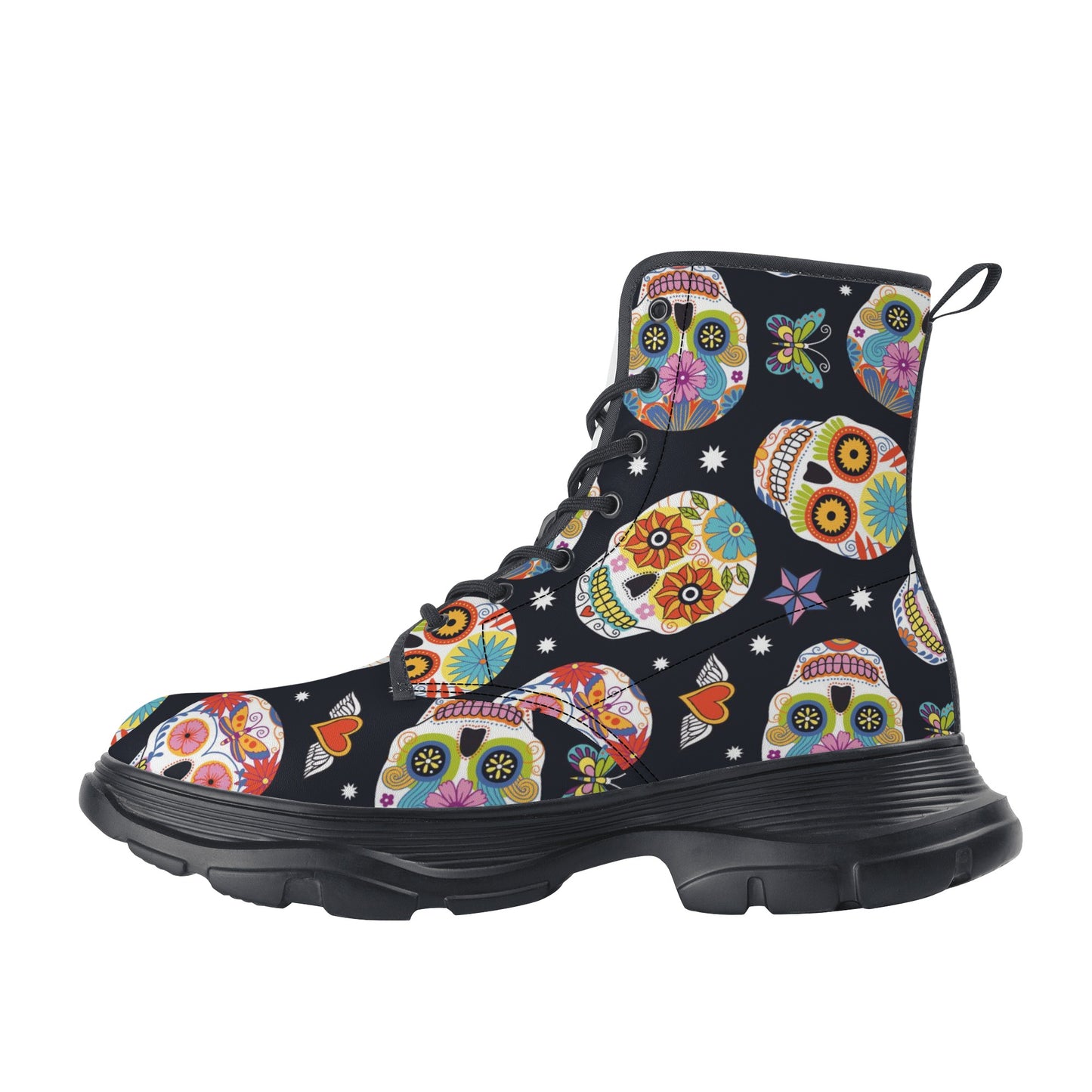 Day of the dead calaveras skull skeleton Women's Leather Chunky Boots