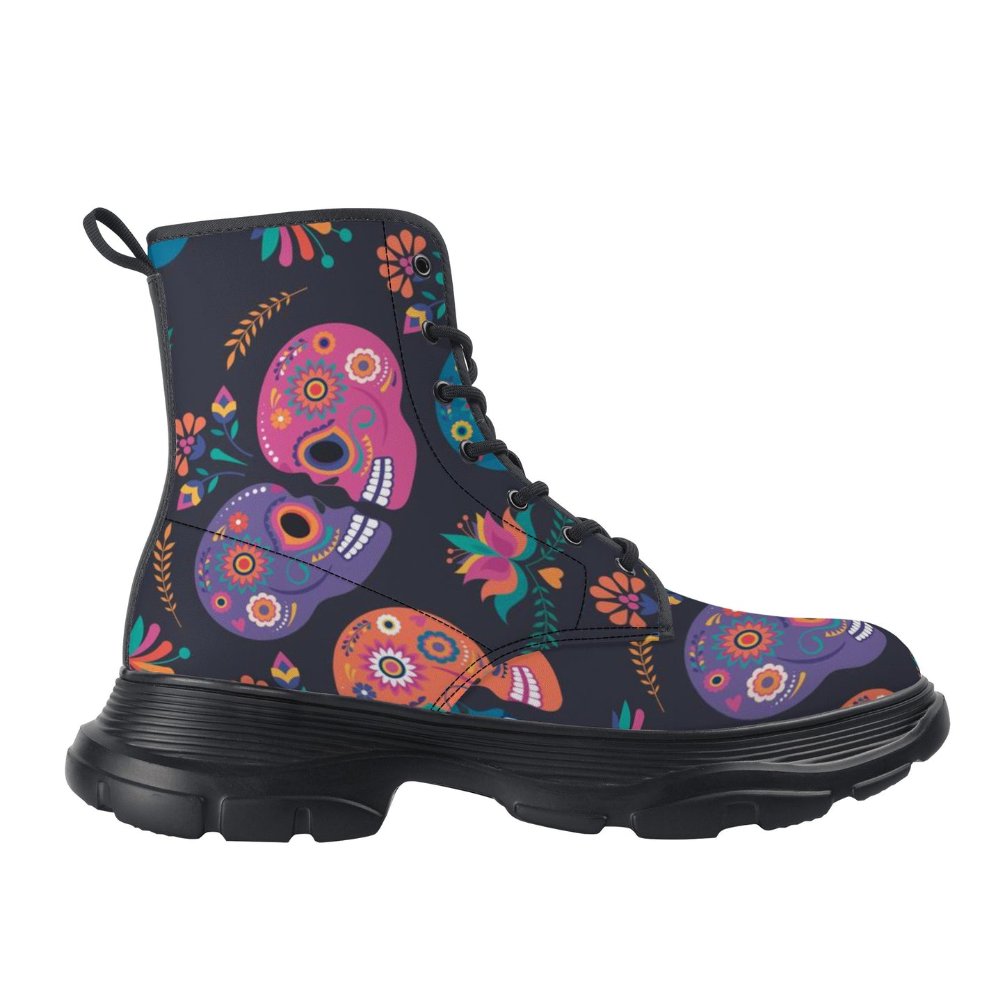 Sugar skull love Women's Leather Chunky Boots