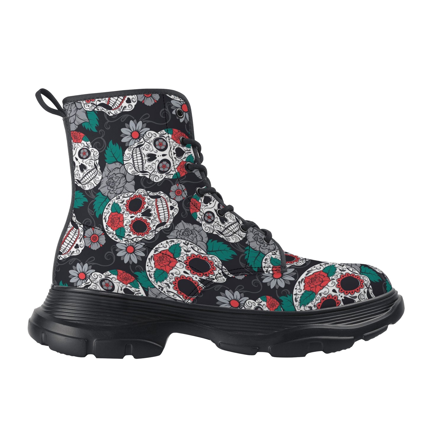 Floral Mexican calaveras skull Women's Leather Chunky Boots