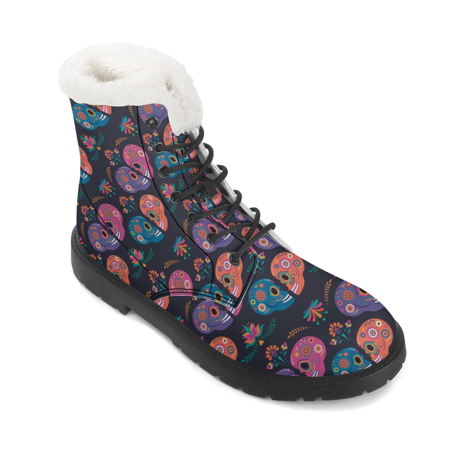 Beautiful sugar skull Women's Faux Fur Leather Boots