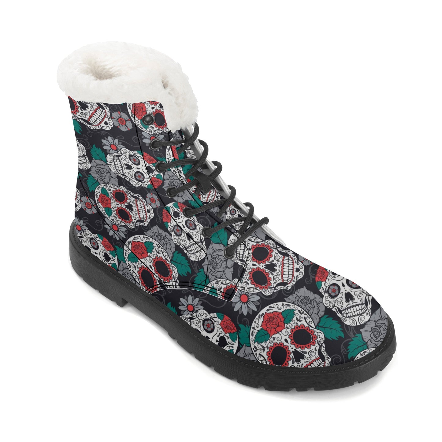 Day of the dead floral sugar skull Women's Faux Fur Leather Boots