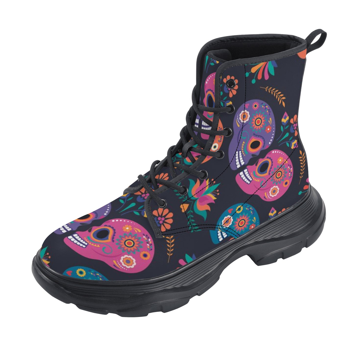 Sugar skull love Women's Leather Chunky Boots