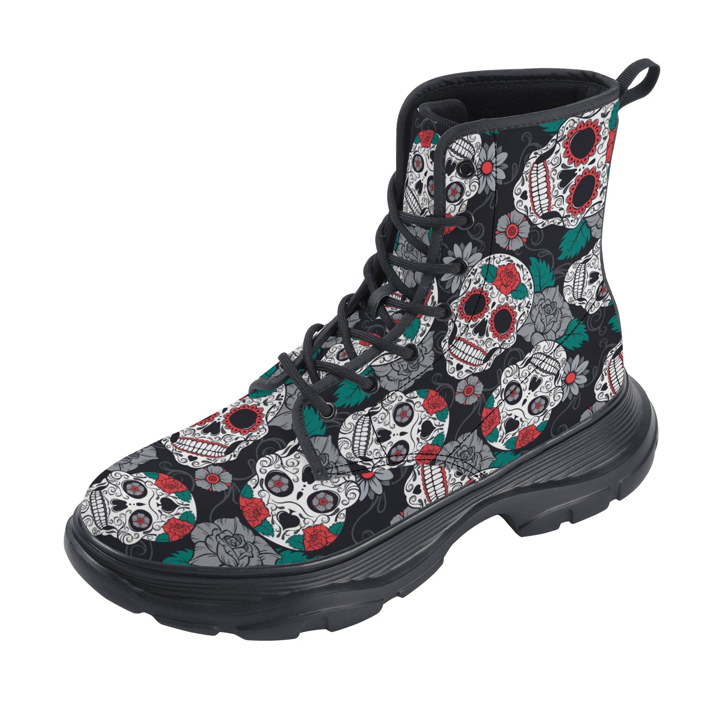 Floral Mexican calaveras skull Women's Leather Chunky Boots