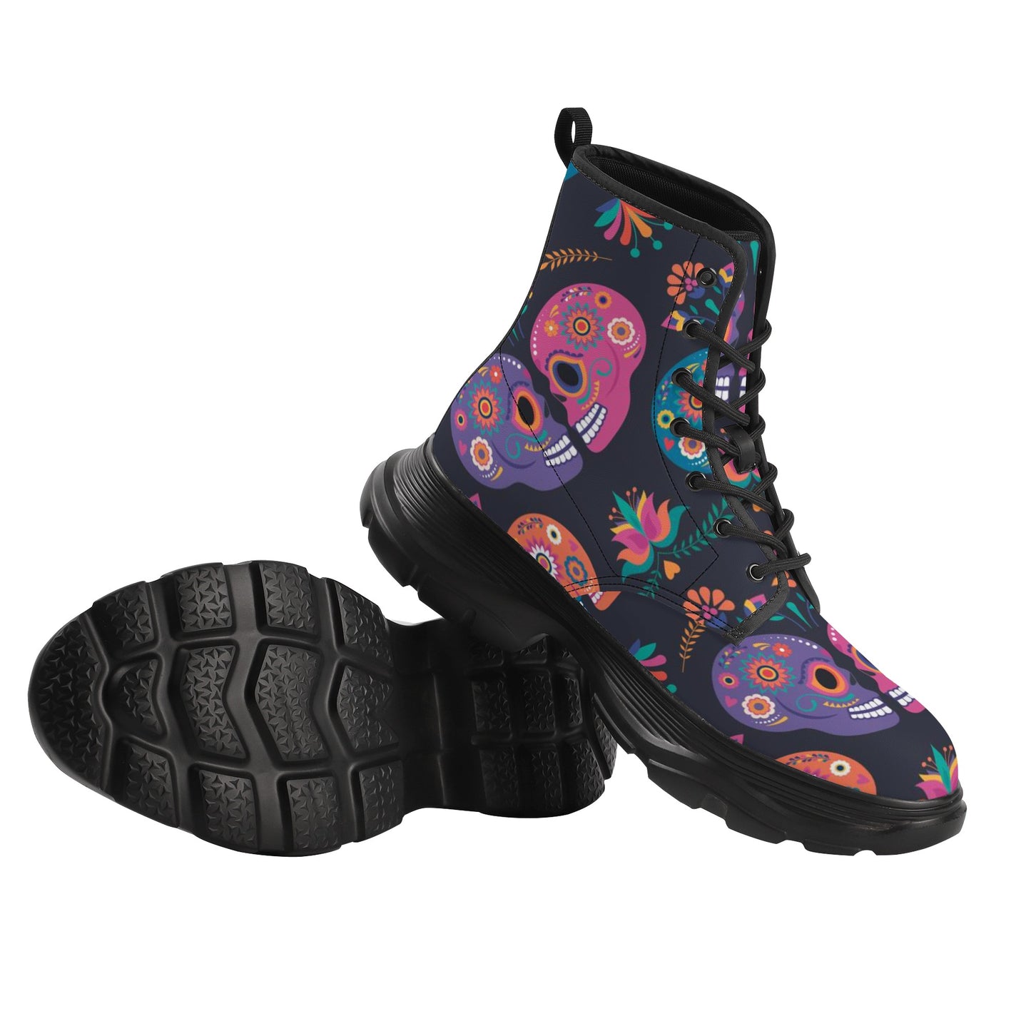 Sugar skull love Women's Leather Chunky Boots