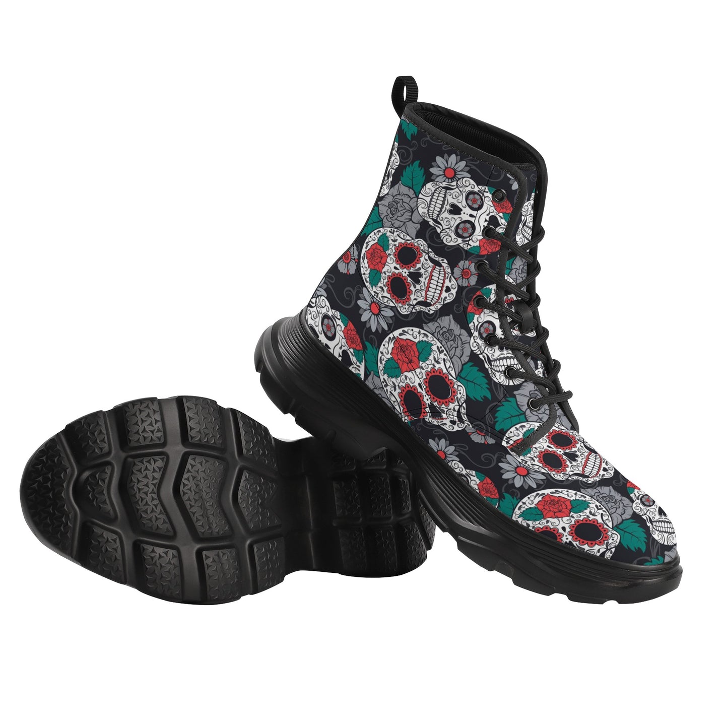 Floral Mexican calaveras skull Women's Leather Chunky Boots