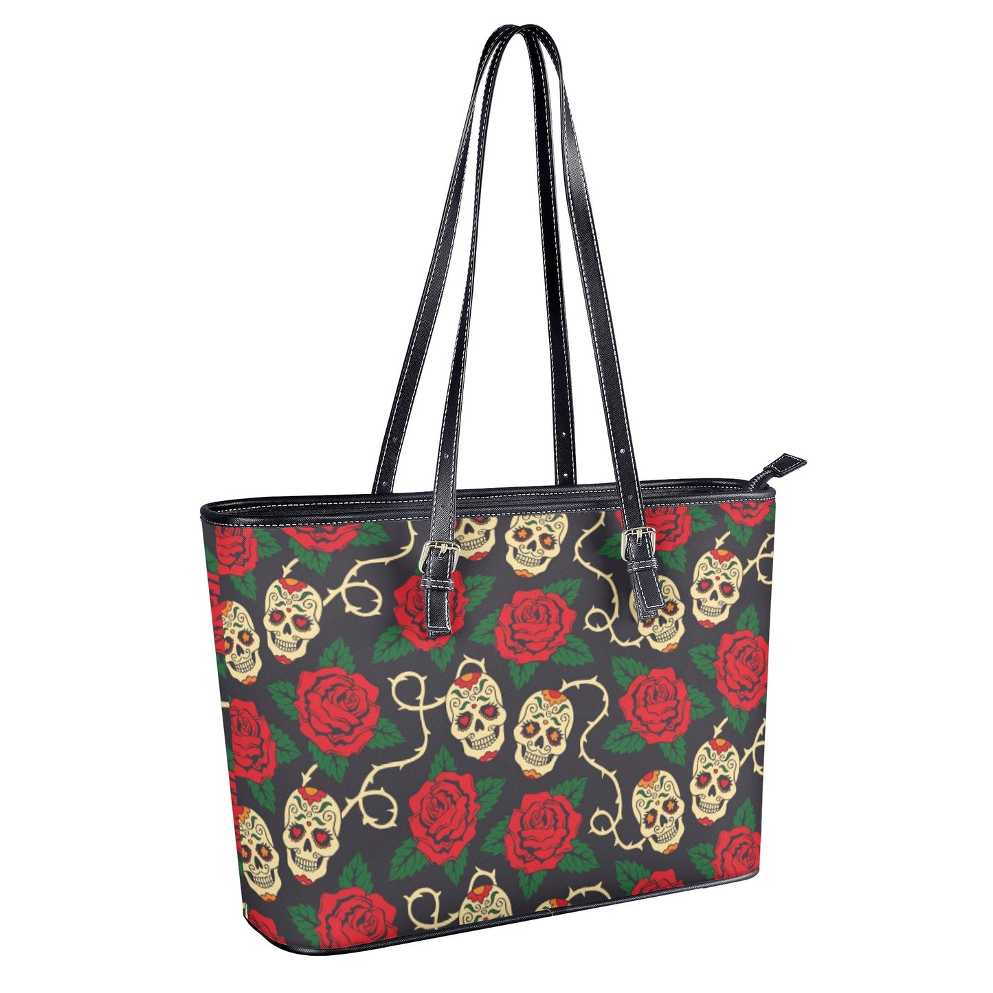 Floral sugar skull Leather Tote Bags