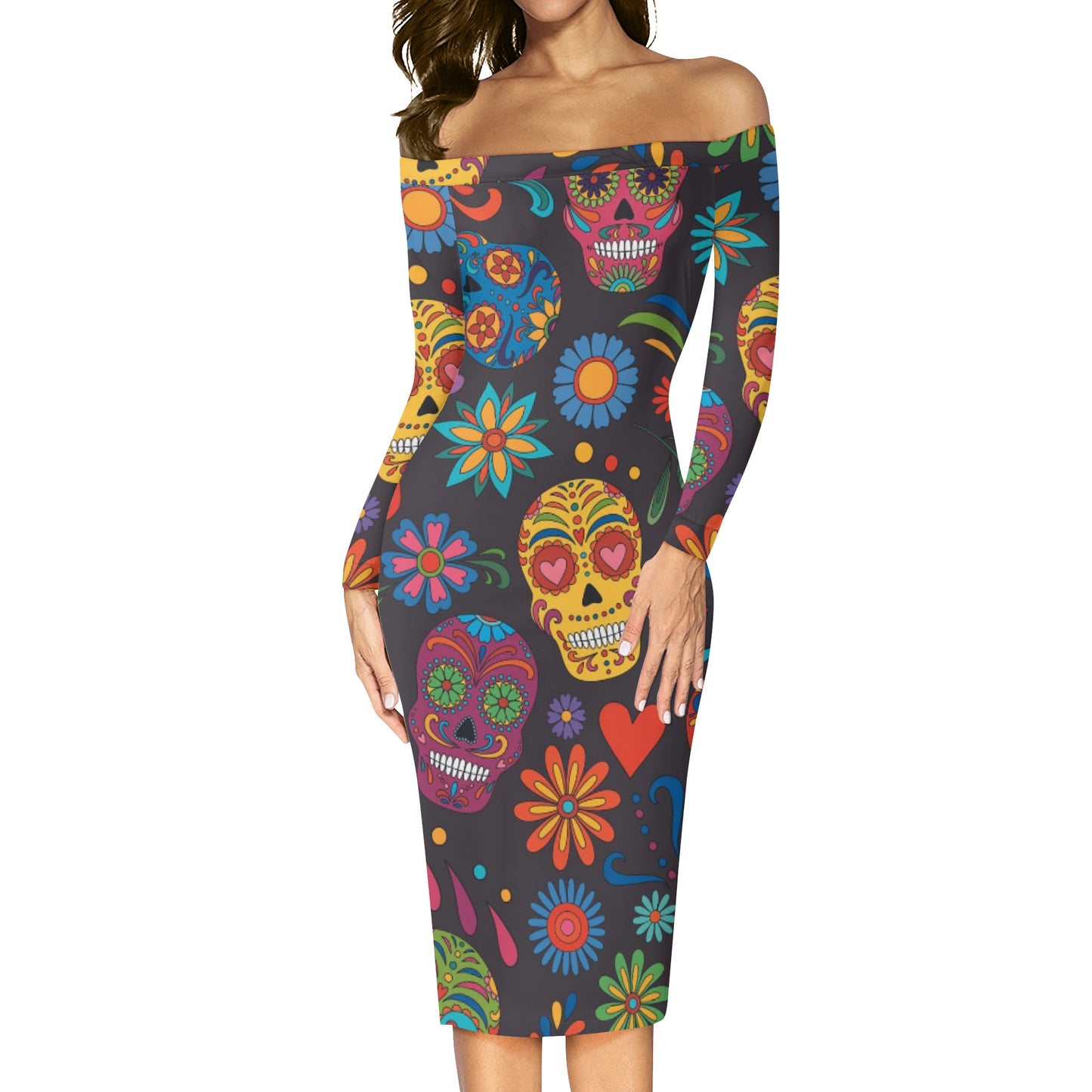 Sugar skull Day of the dead Mexican skull Women's Long Sleeve Off The Shoulder Lady Dress