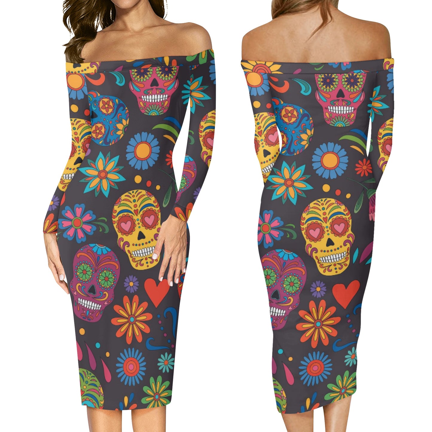 Sugar skull Day of the dead Mexican skull Women's Long Sleeve Off The Shoulder Lady Dress