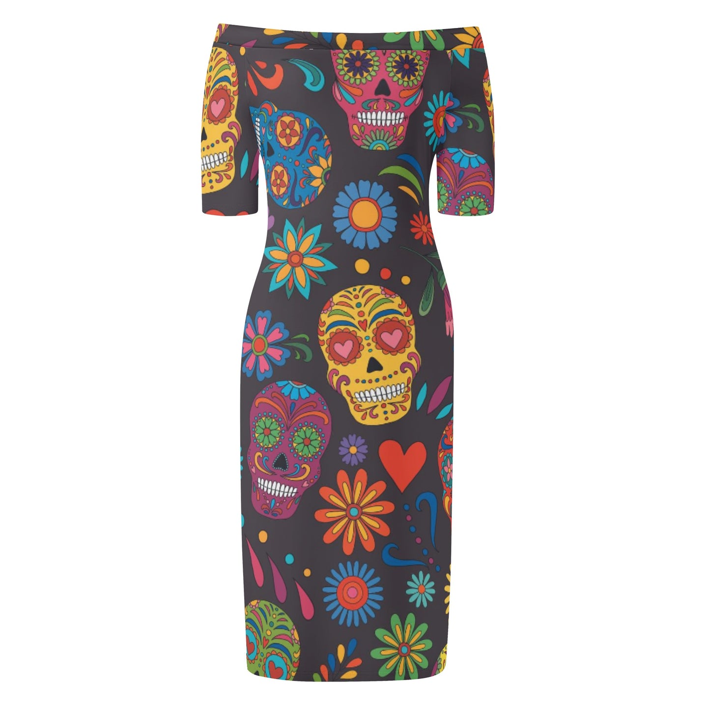 Sugar skull Day of the dead Mexican skull Women's Off The Shoulder Office Lady Dress