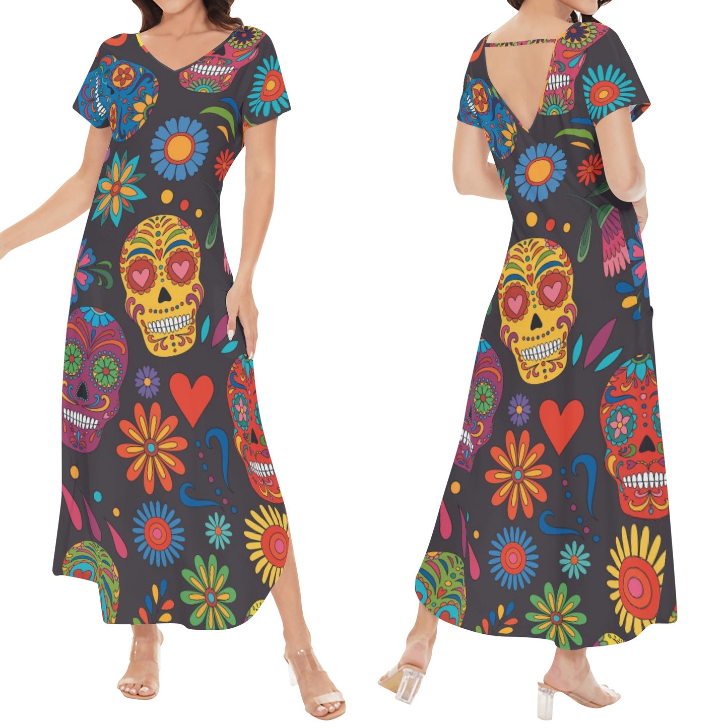 Sugar skull day of the dead mexican skull Women's Short Sleeve Long Draped Dress
