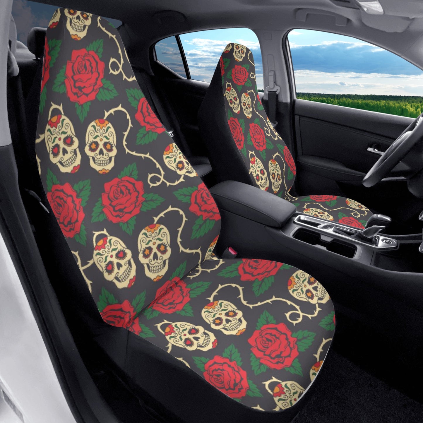 Floral sugar skull dia de los muertos Car Seat Covers (2 Pcs)