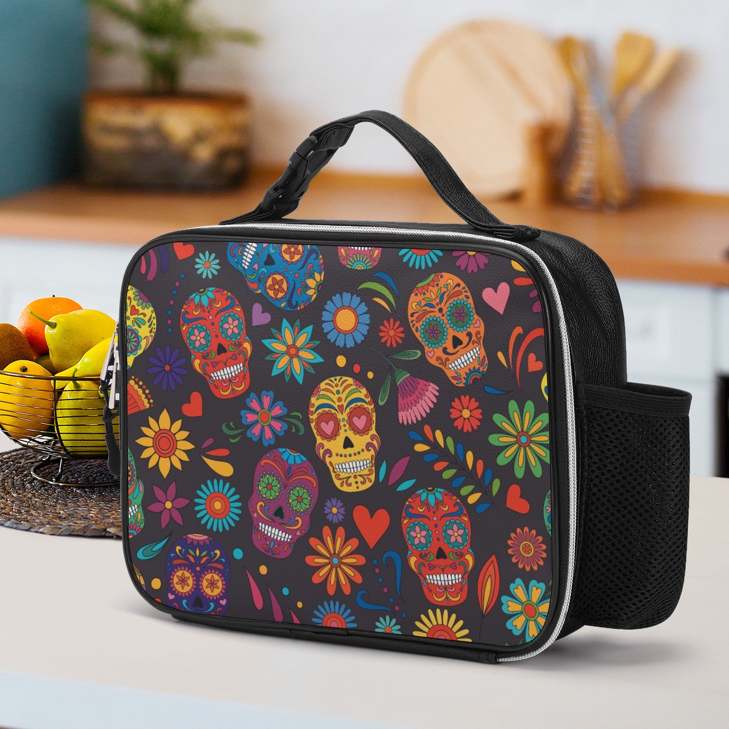 Floral sugar skull pattern Detachable Leather Lunch Bag