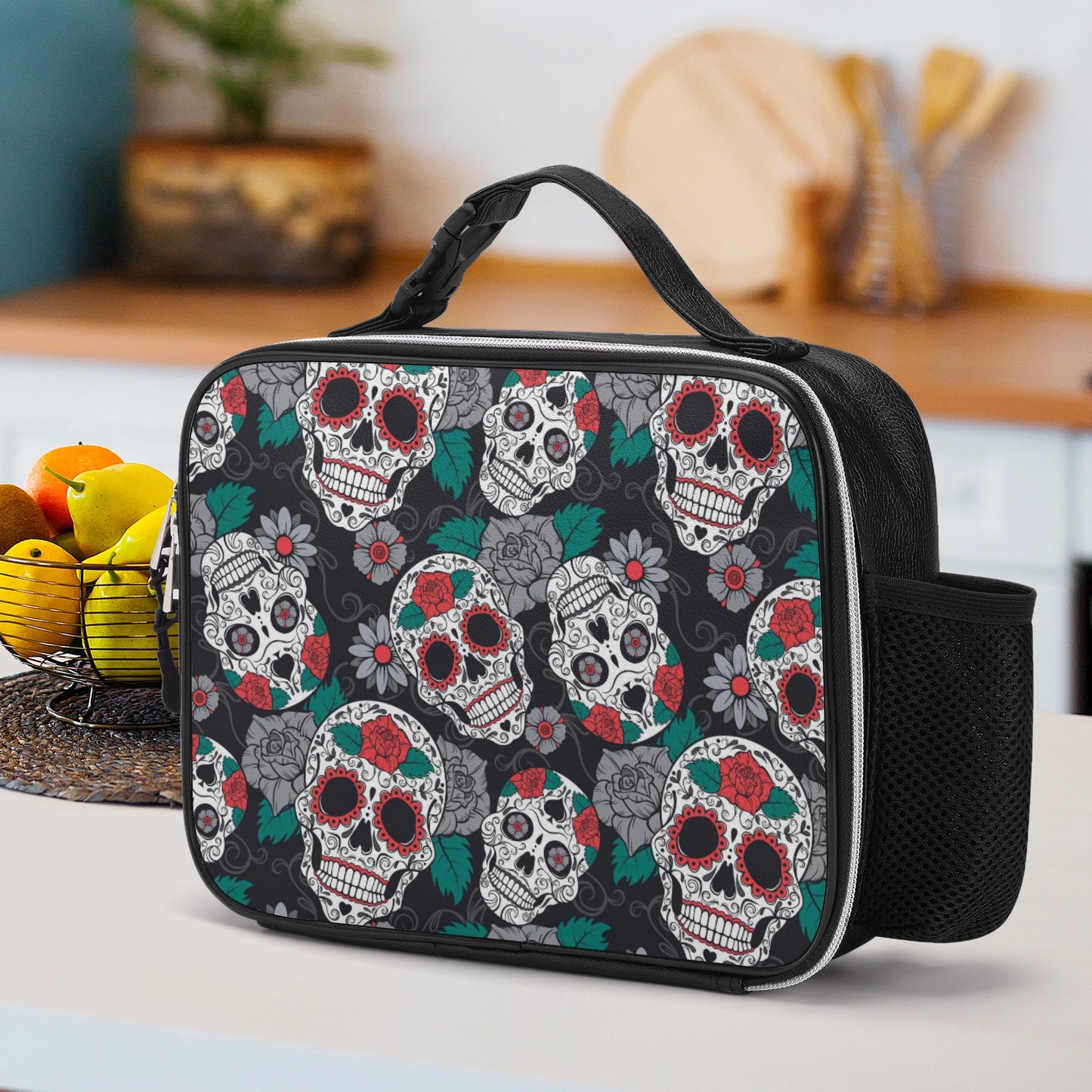 Rose floral sugar skull pattern Detachable Leather Lunch Bag