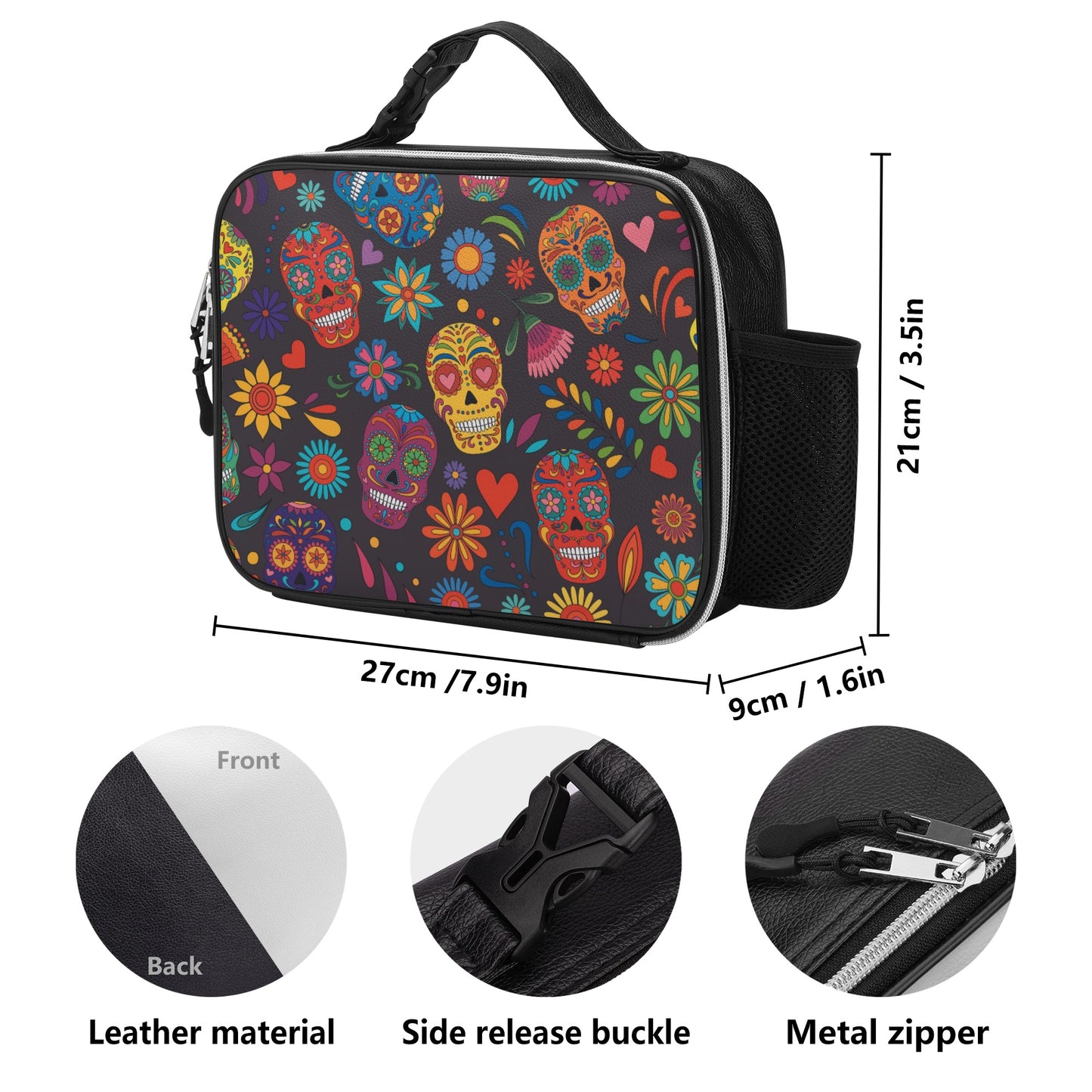 Floral sugar skull pattern Detachable Leather Lunch Bag