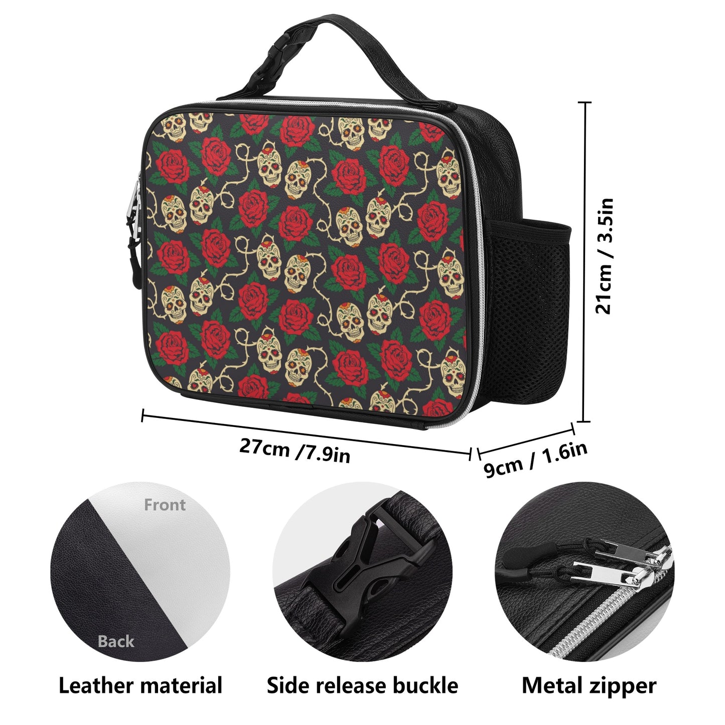 Floral skull skeleton pattern Detachable Leather Lunch Bag