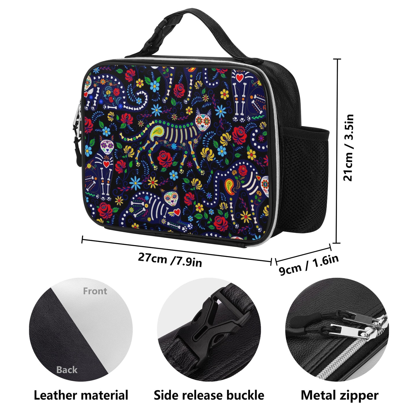 Sugar skull cat pattern Detachable Leather Lunch Bag