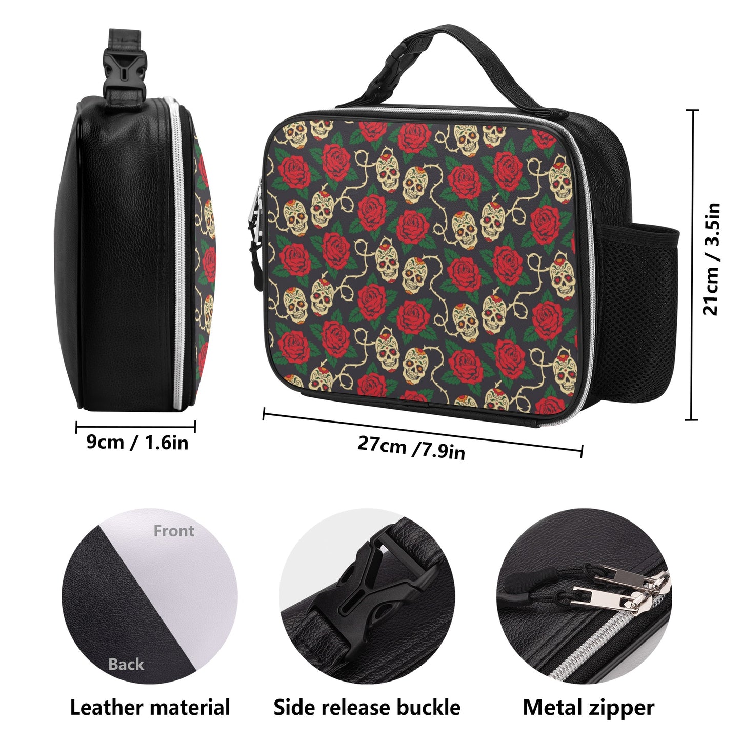 Floral skull skeleton pattern Detachable Leather Lunch Bag