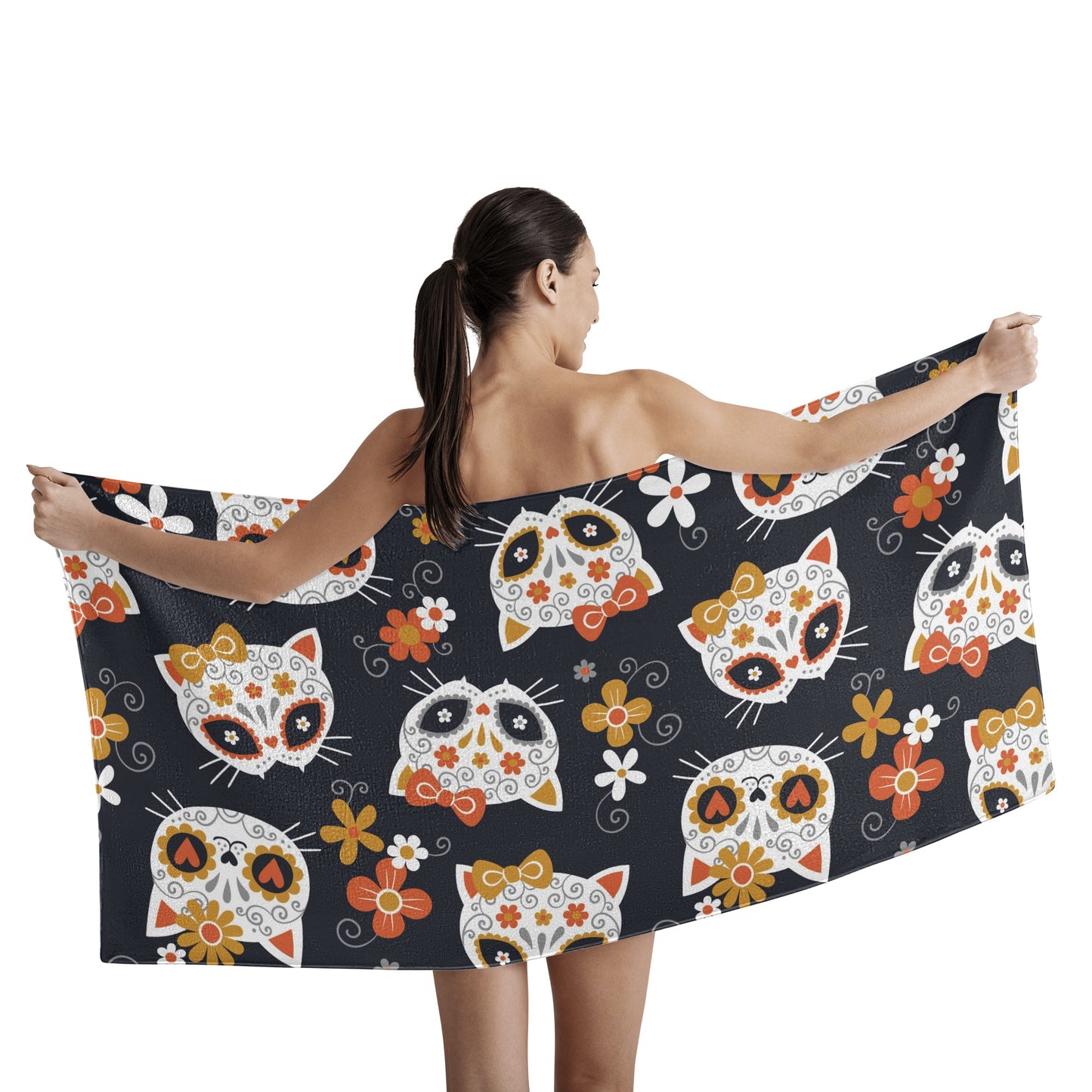 Sugar skull cat pattern Bath Towel
