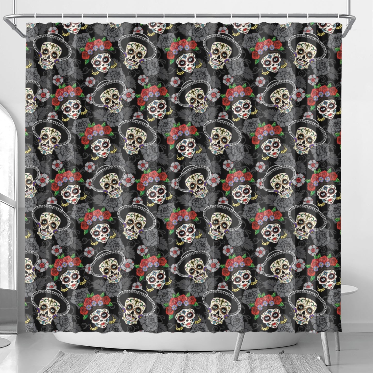 Rose skull floral sugar skull Shower Curtain