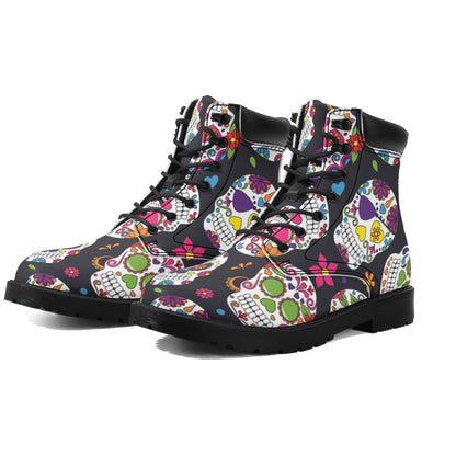 Dia de los muertos sugar skull pattern Women's All Season Leather Boots