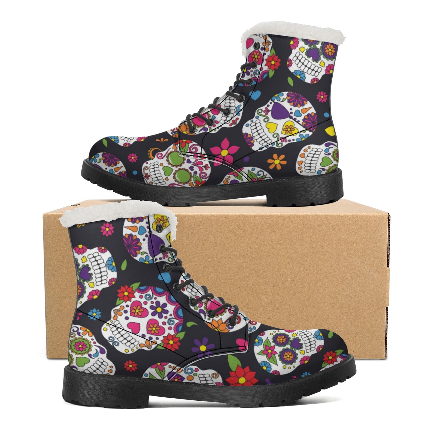 Dia de los muertos sugar skull pattern Men's Faux Fur Leather Boots