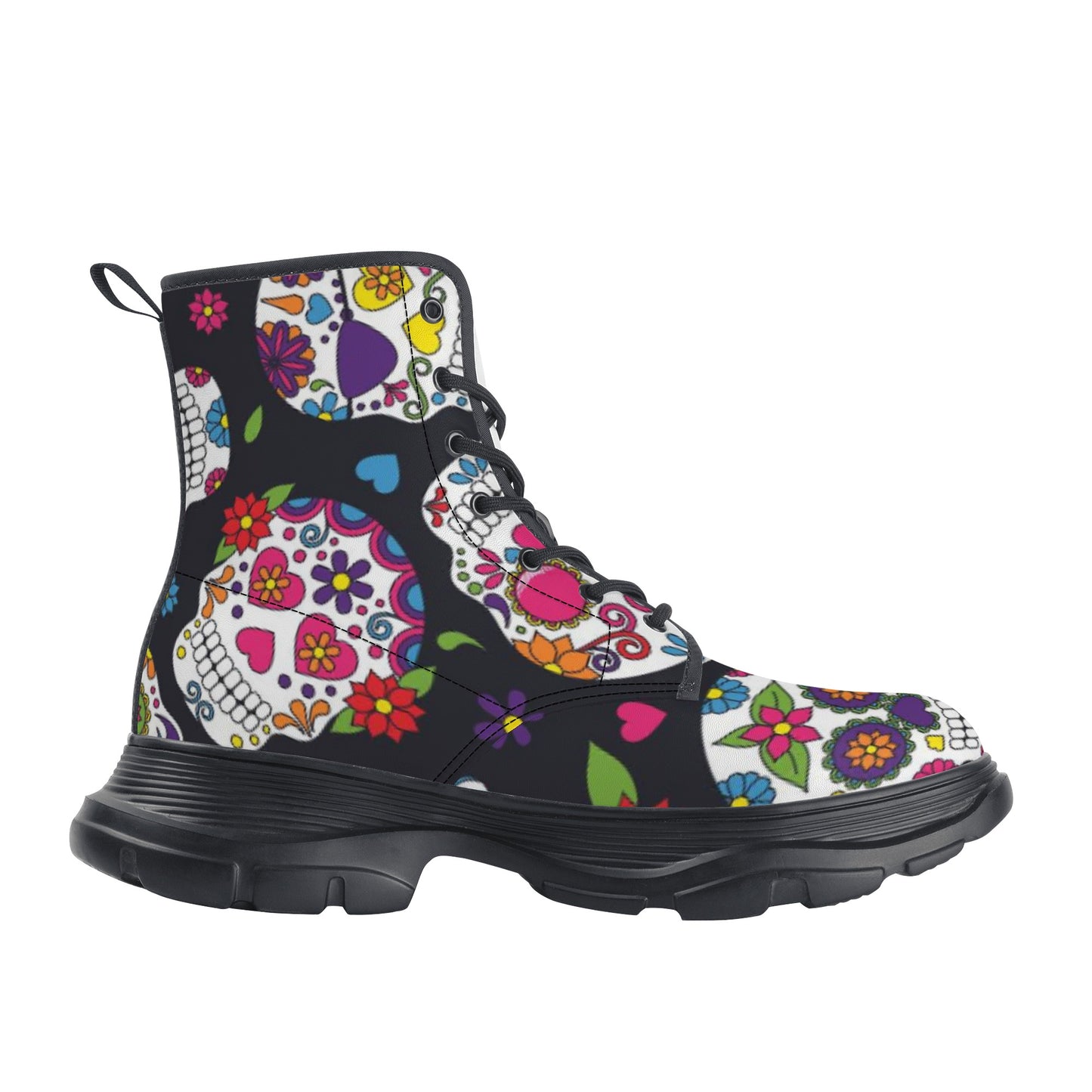 Dia de los muertos sugar skull pattern Men's Leather Chunky Boots