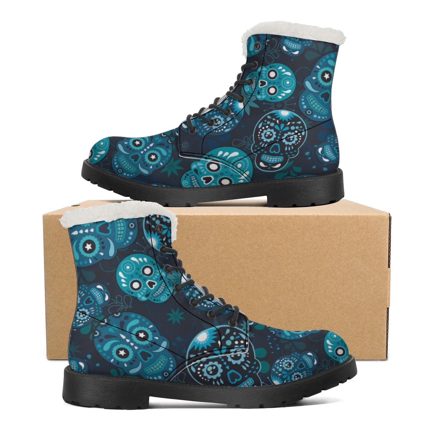 Rose skull floral sugar skull Men's Faux Fur Leather Boots