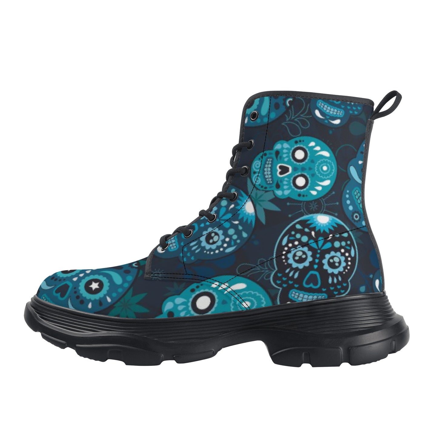 Rose skull floral sugar skull Men's Leather Chunky Boots