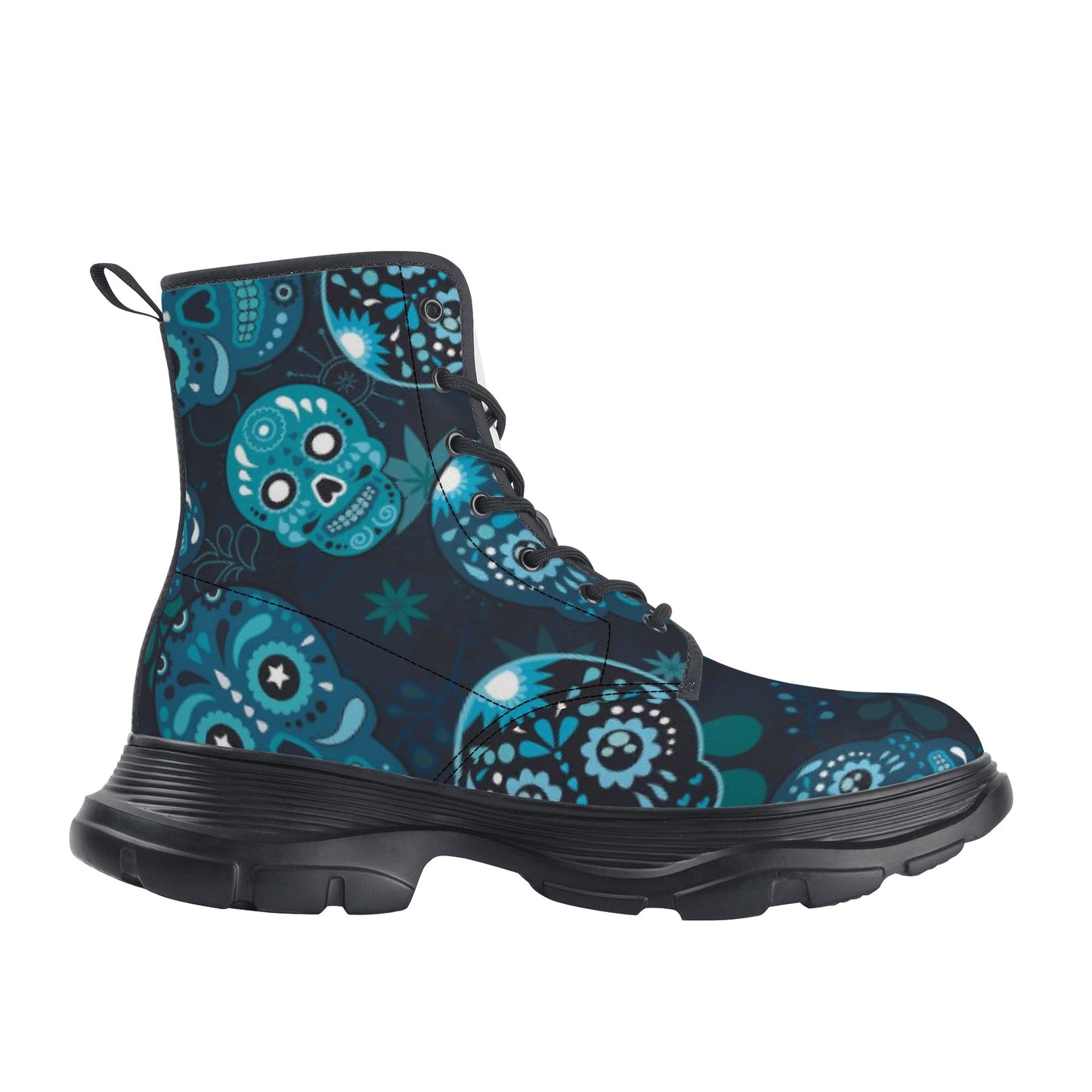 Rose skull floral sugar skull Men's Leather Chunky Boots