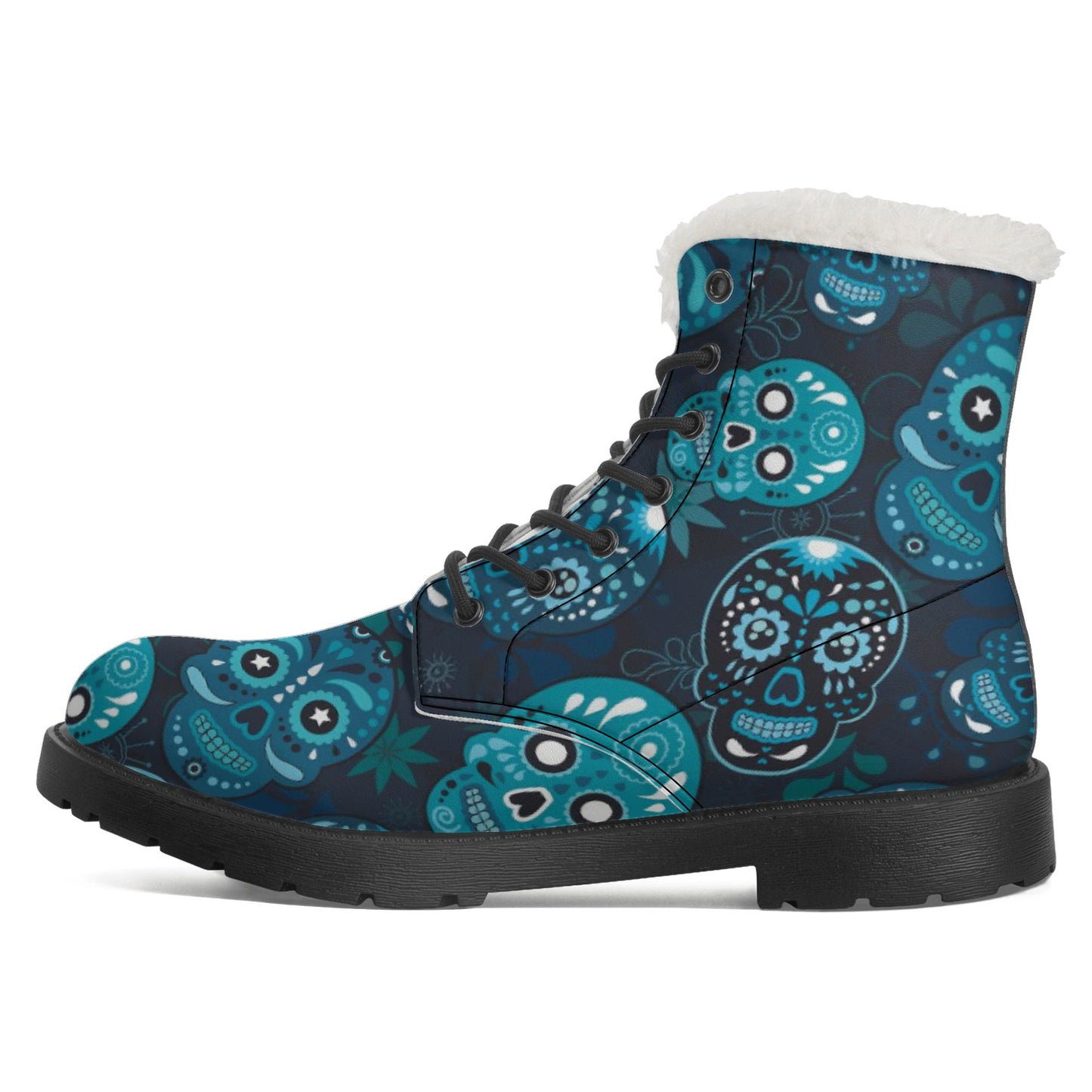 Rose skull floral sugar skull Men's Faux Fur Leather Boots