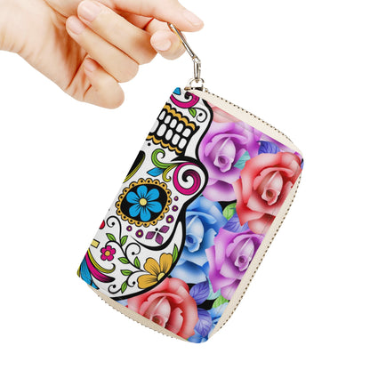 Rose sugar skull day of the dead Zipper Card Holder