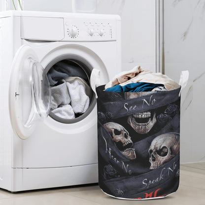 No see no hear no speak evils skull Round Laundry Basket