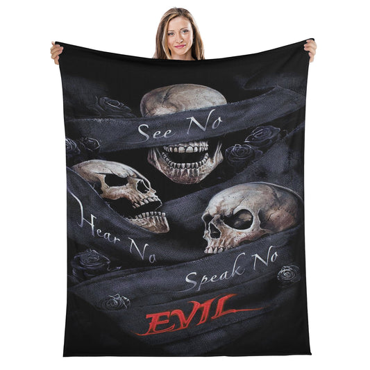 No see no hear no speak evils skull Long Vertical Flannel Breathable Blanket 4 Sizes