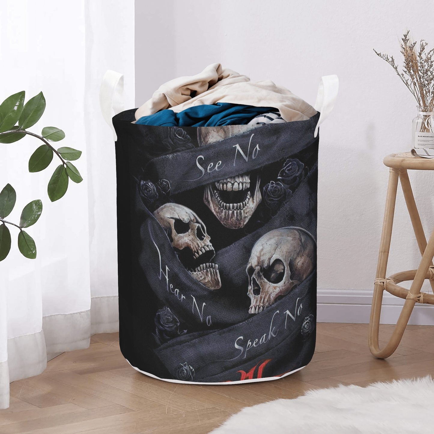 No see no hear no speak evils skull Round Laundry Basket