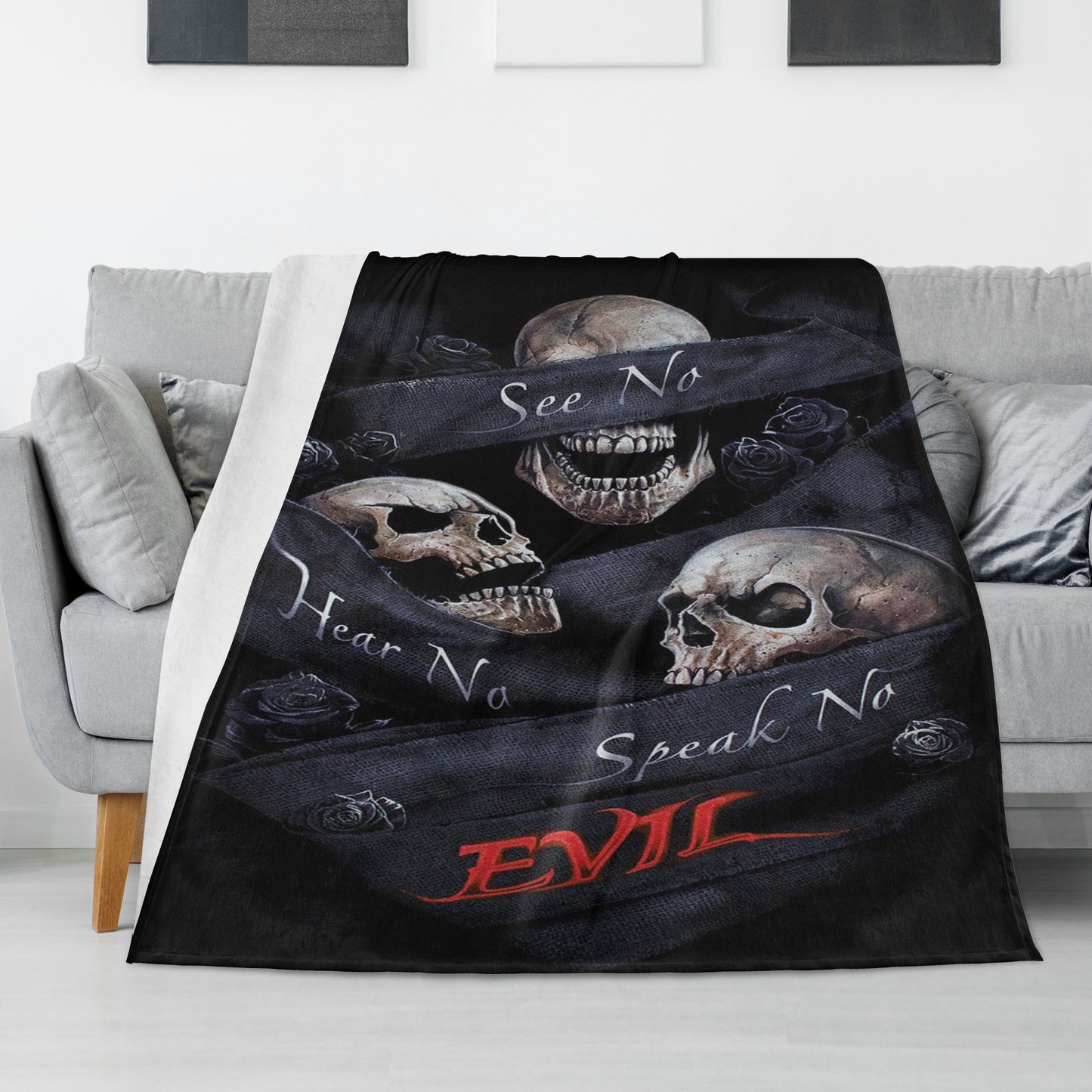 No see no hear no speak evils skull Long Vertical Flannel Breathable Blanket 4 Sizes