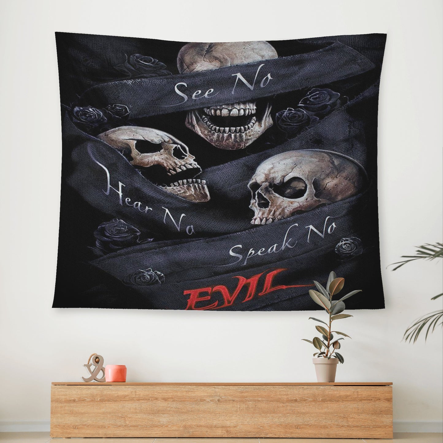 No see no hear no speak evils skull Wall Tapestry