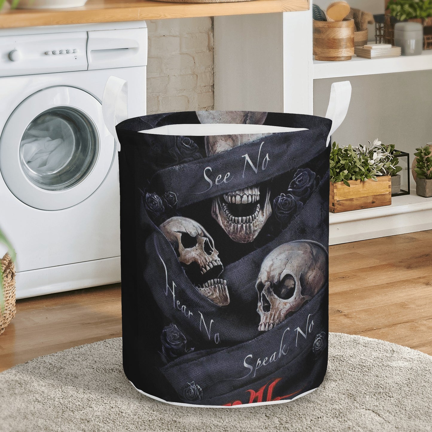 No see no hear no speak evils skull Round Laundry Basket