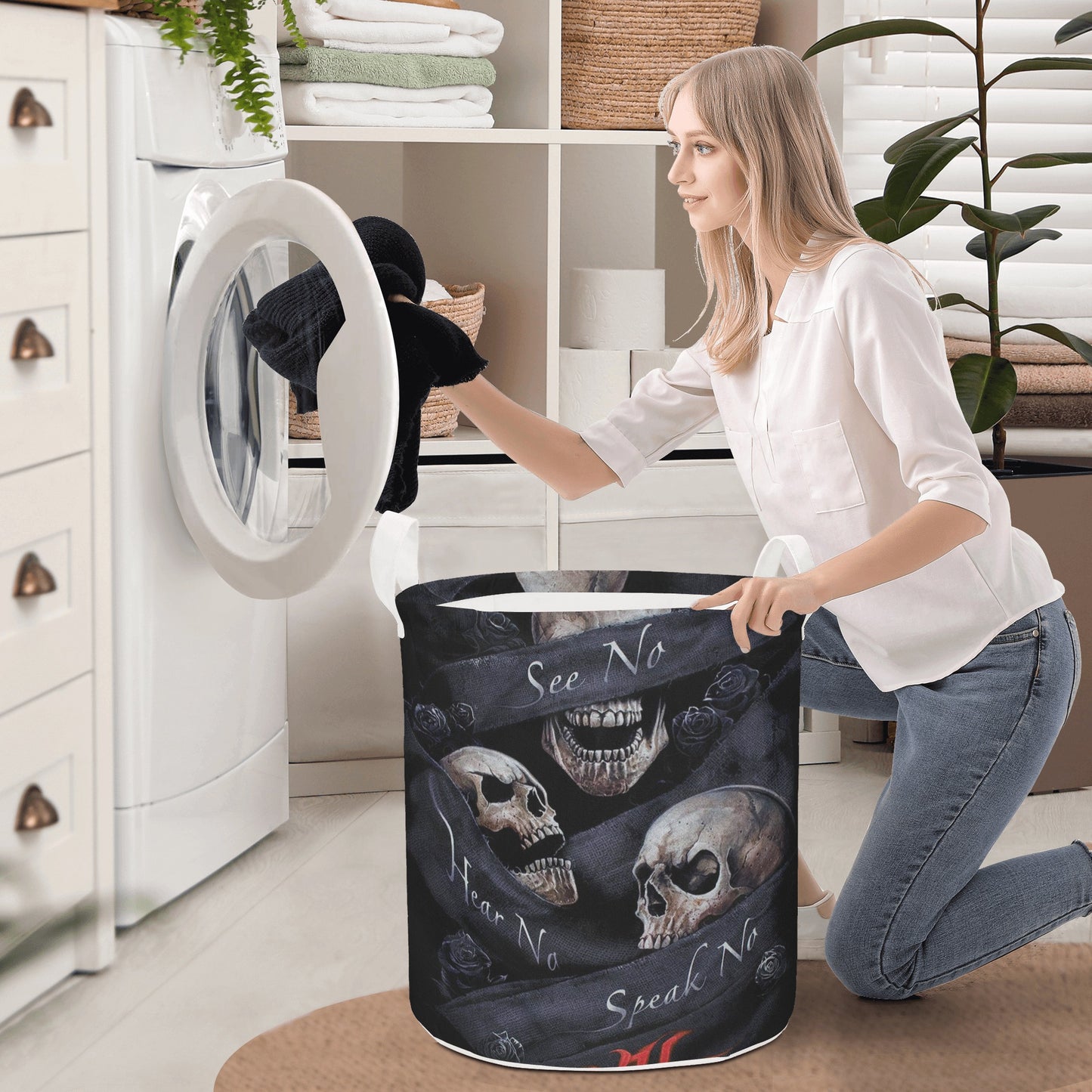 No see no hear no speak evils skull Round Laundry Basket