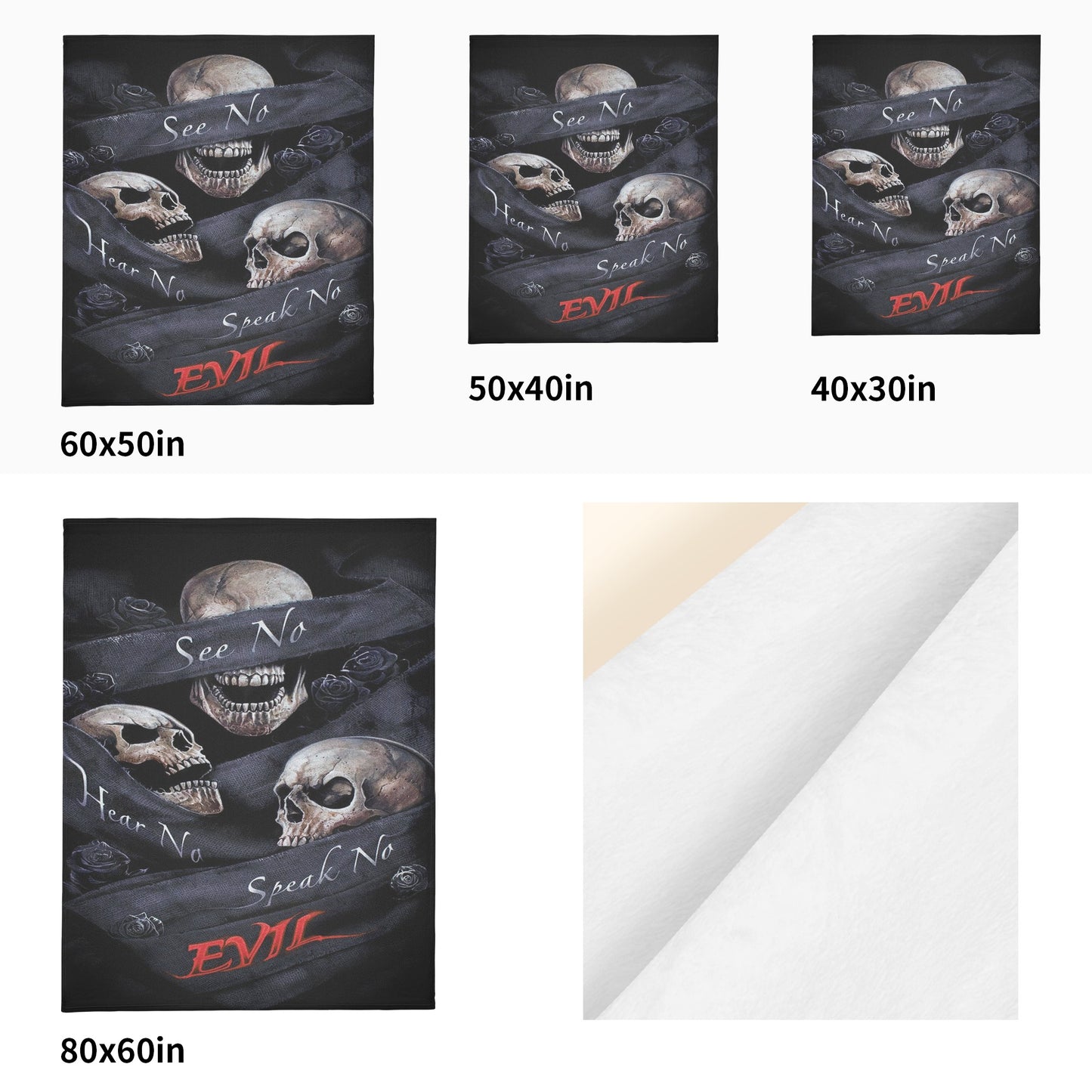 No see no hear no speak evils skull Long Vertical Flannel Breathable Blanket 4 Sizes